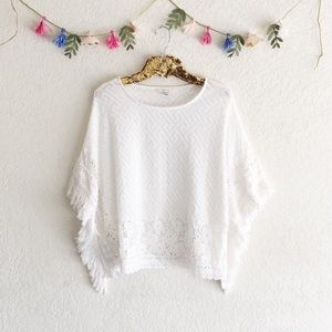 White Crochet Poncho Fringe Top